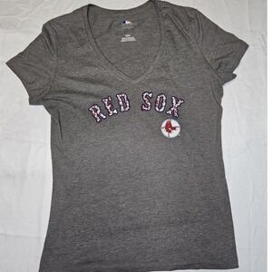 MLB Boston Red Sox Womens V-Neck T-Shirt Heather Gray Short Sleeve Large 2285